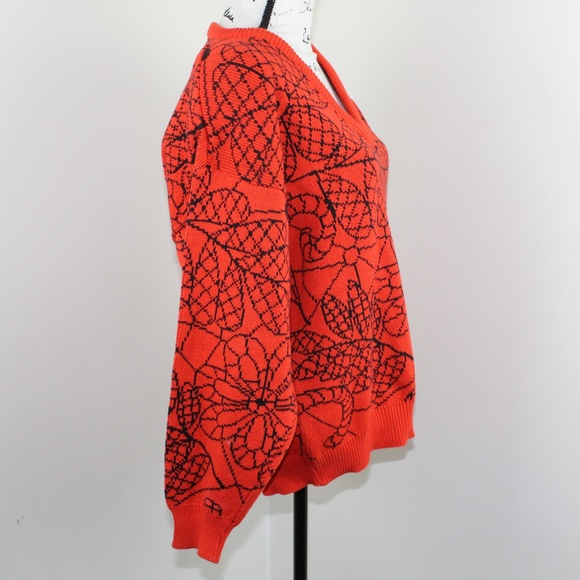 Vintage Floral Sweater Medium Oversized Red Orange - Picture 7 of 8